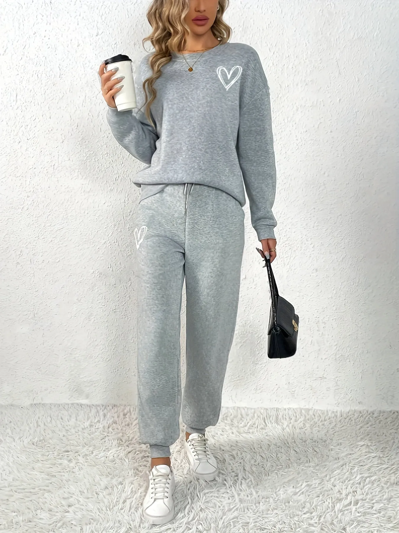 Bequemer Pullover Mit Rundhals Und Herzmuster & Jogginghose Für Damen 
