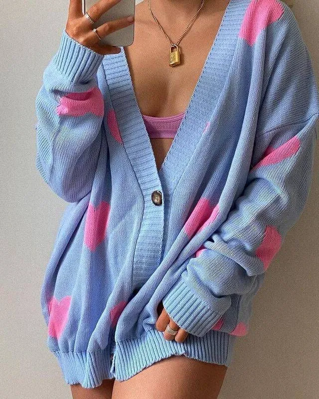 Heidi-Mode | Herz Blumen Druck Strickjacke