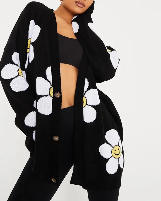 Heidi-Mode | Herz Blumen Druck Strickjacke